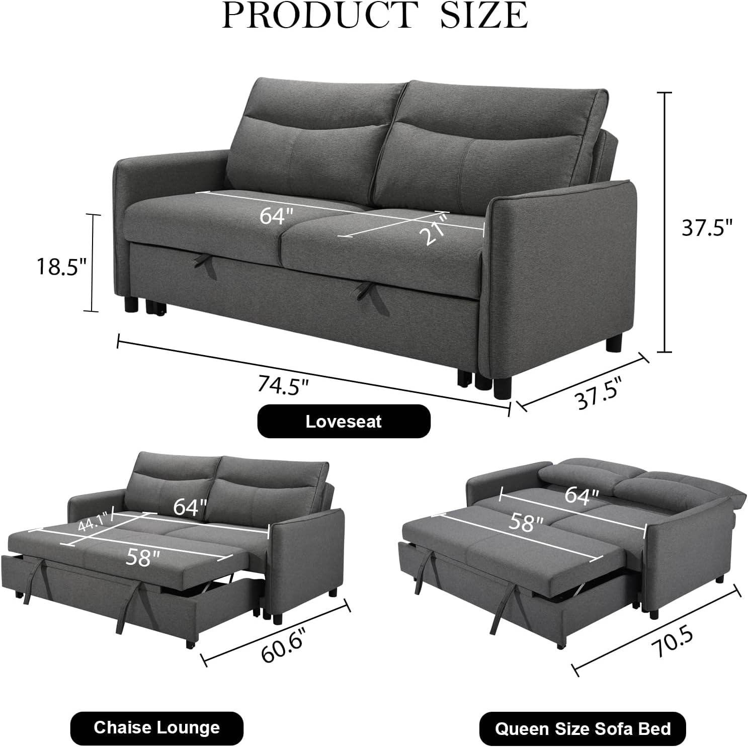 75 Inch Queen Size Convertible Sleeper Sofa Bed - Loft&Timber