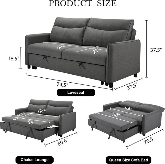 75 Inch Queen Size Convertible Sleeper Sofa Bed - Loft&Timber