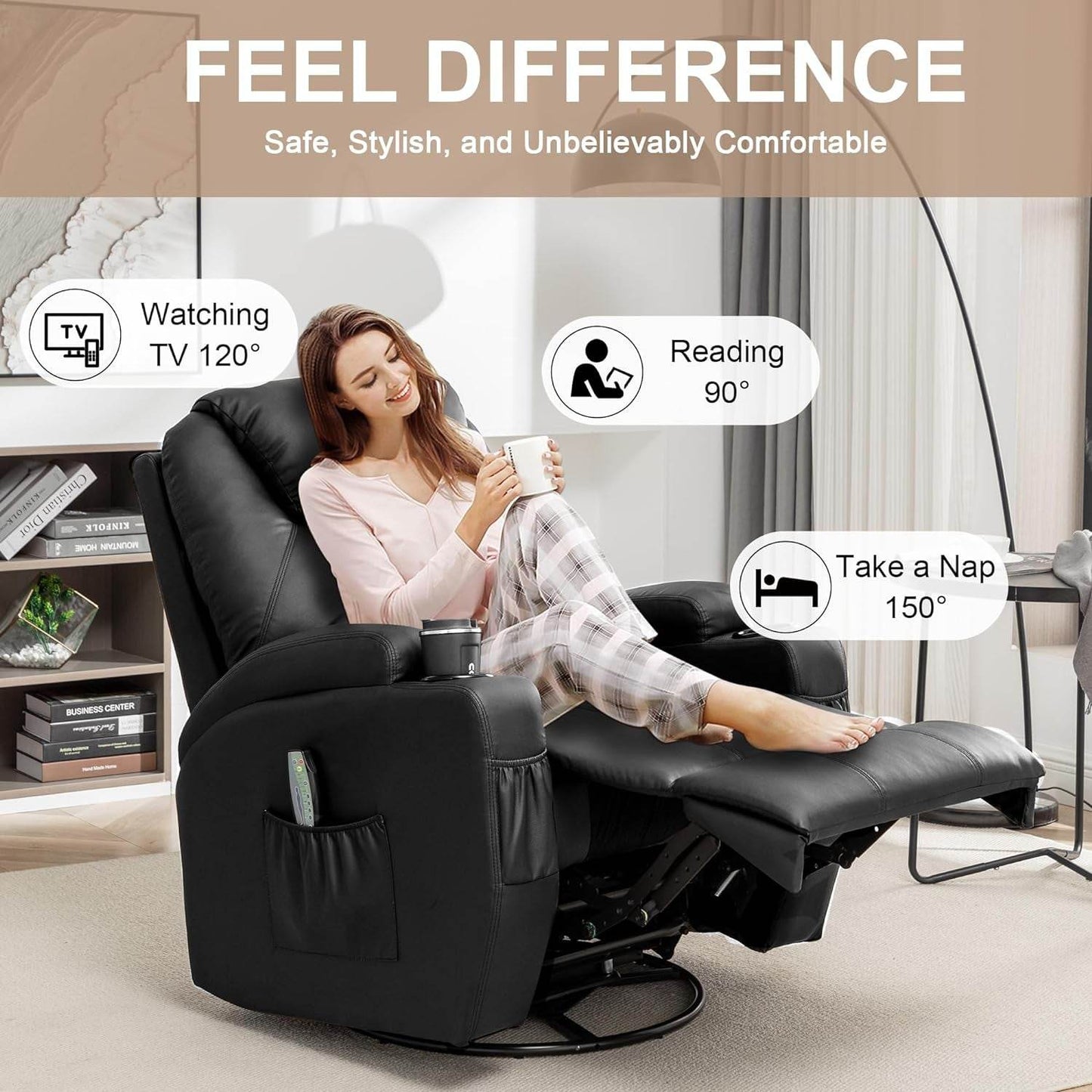 Recliner Chair, Rocking Chair with Massage and Heat, 360° Swivel Recliner Chairs for Adults, Rocker Manual Recliner with Remote Control and Cup Holder for Living Room, Bedroom, Nursery - Loft&Timber