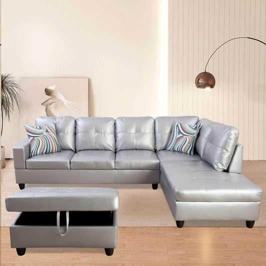 L-Shaped 3-Piece Semi PU Synthetic Leather Sofa with Storage Ottoman white - Loft&Timber