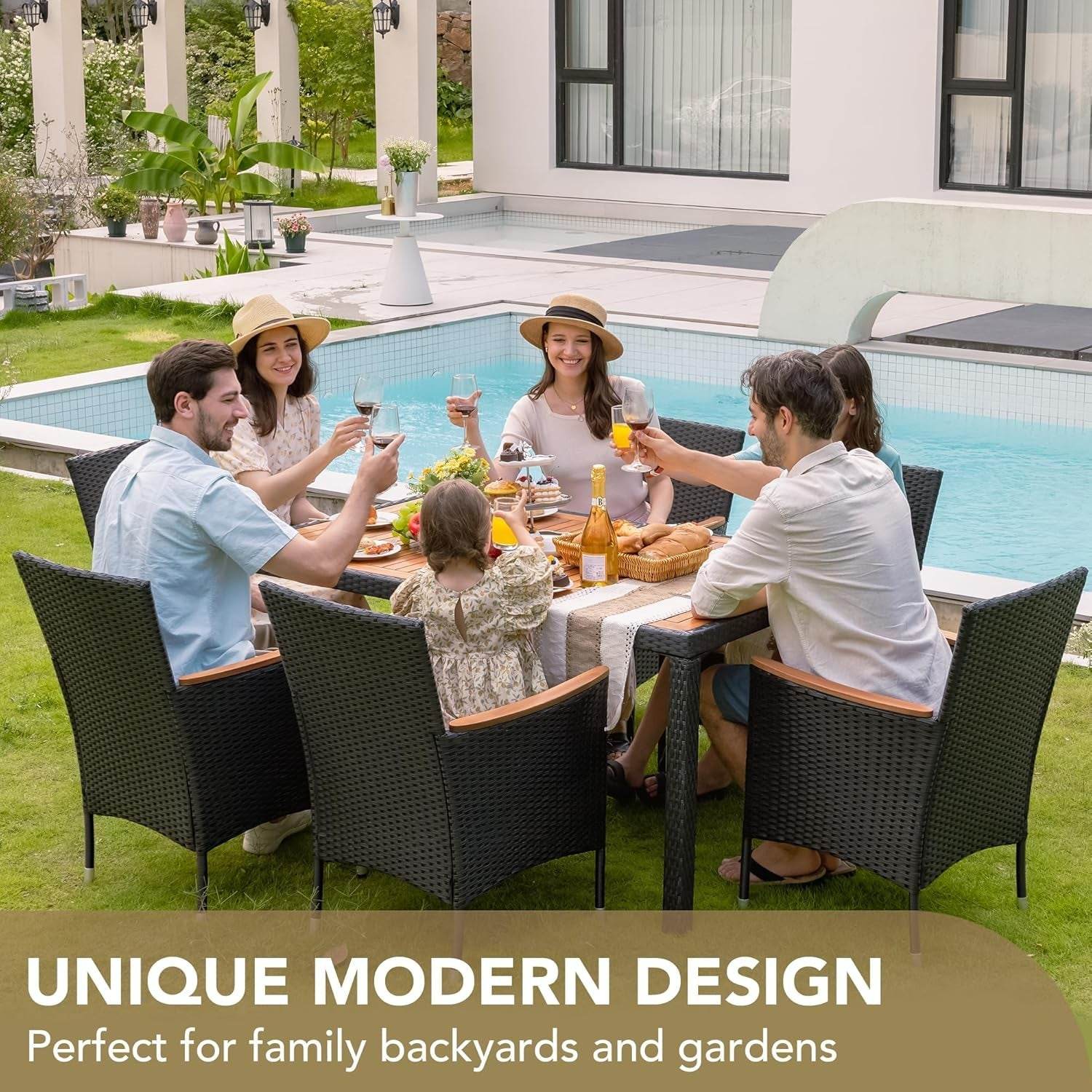 Dining 7 PCS Furniture, Patio Conversation Set with Acacia Wood Table Top, Rattan Outdoor, Black - Loft&Timber