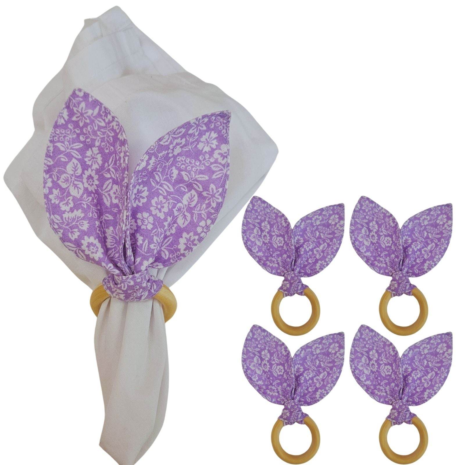 Maison Charlo | Easter Set of 4 Floral Lilac White Bunny Ears Napkin Rings | Dining Table Decor - Loft&Timber