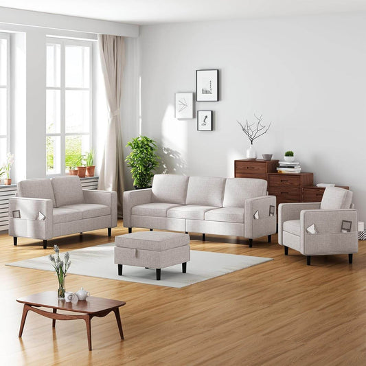6 Seaters Sectional Upholstered Sofa, Linen Fabric Sofa Couch with Side Pockets, Free Combination Sofa Set with Movable Storage Ottoman, for Living Room-Sofa&Loveseat&Chair&Ottoman,Beige - Loft&Timber