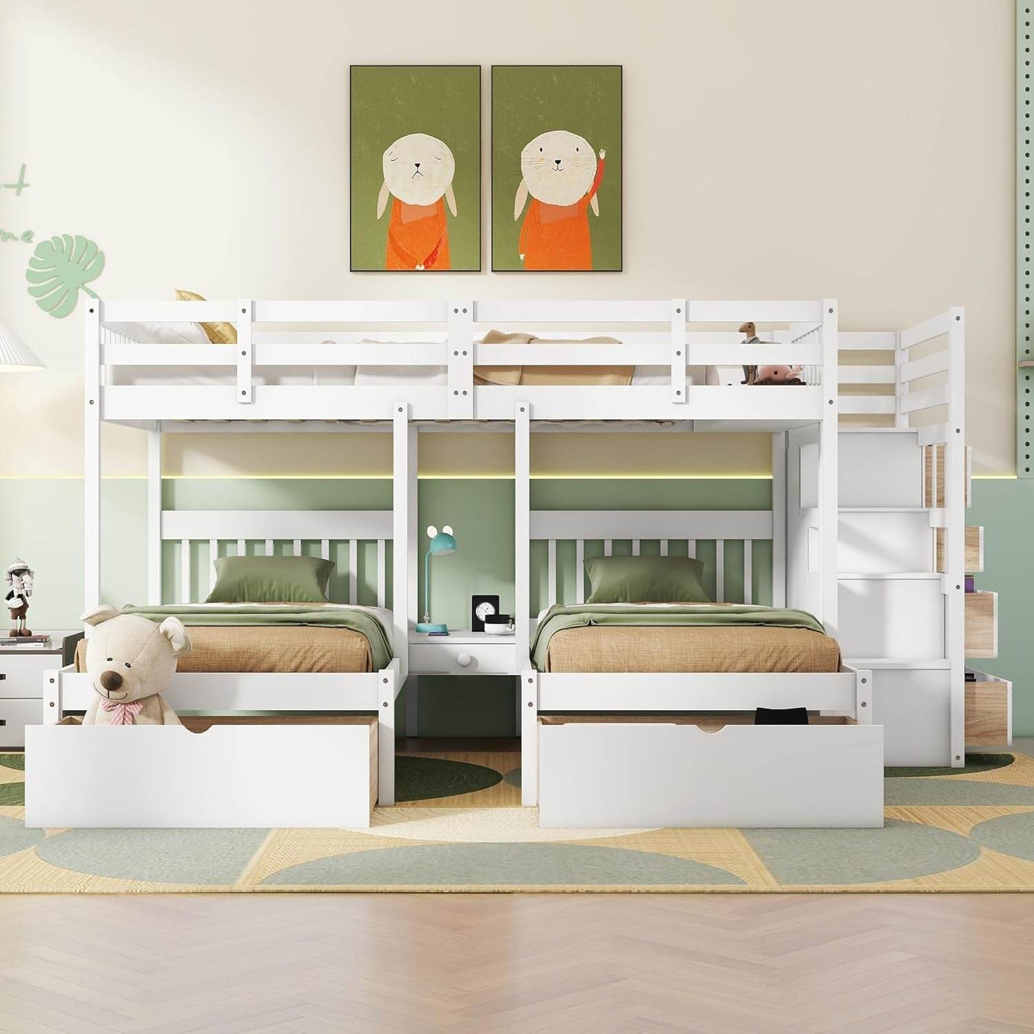 Triple Bunk Beds with Drawers, Wood Full over Twin & Twin Bunk Bed with Storage Staircase, Triple Bed for Kids,3 Bed Bunk Beds with Storage for Girls Boys,White - Loft&Timber