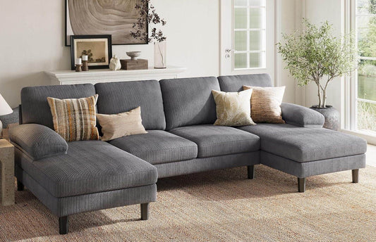 Sectional Couch, 111'' W Corduroy U Shaped Sofa with Sleepable Armrests in Gray - Loft&Timber