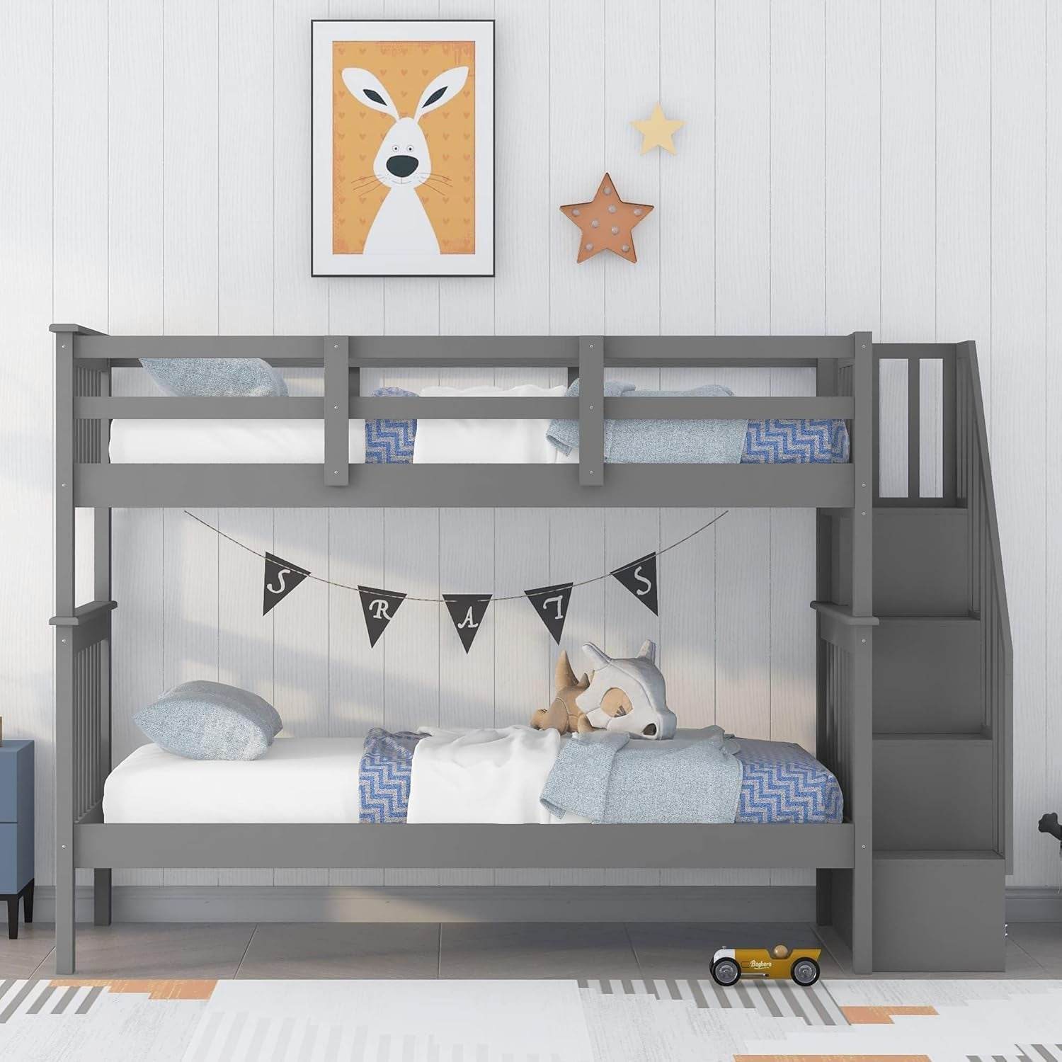 Bunk Beds Twin over Twin with Stairs, Wood Bunk Bed Frame with Storage and Guard Rail,Twin Bunk Beds for Kids, Bedroom, Dorm, Teens, Adults,Grey - Loft&Timber