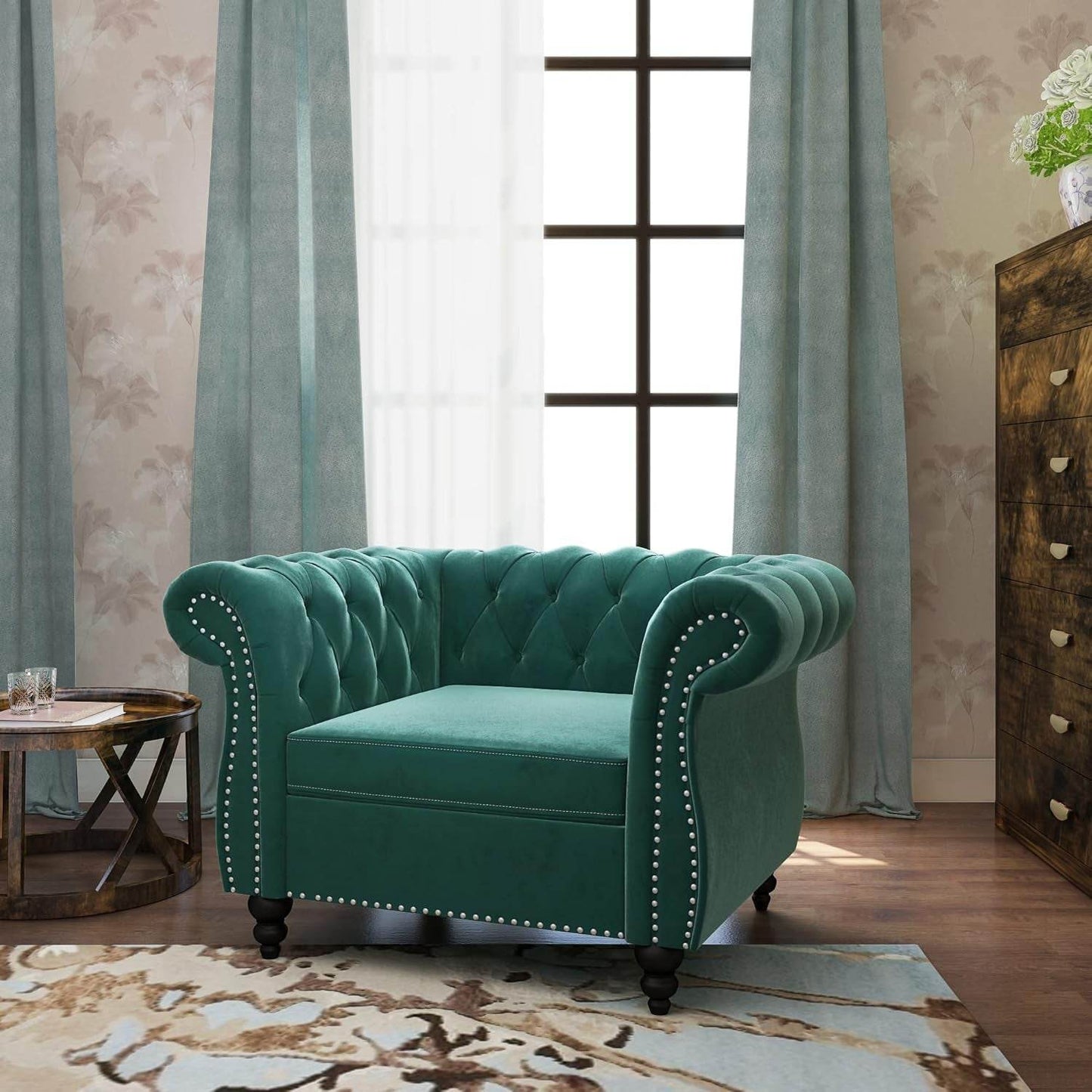 3-Piece Living Room Sectional Sofa Set, Green Velvet Couch Upholstered Sofa Modern Sofa Couches Set Style Button Tufted, Velvet Chesterfield Sofa for Living Room Apartment, 1+2+3 Seat Green - Loft&Timber