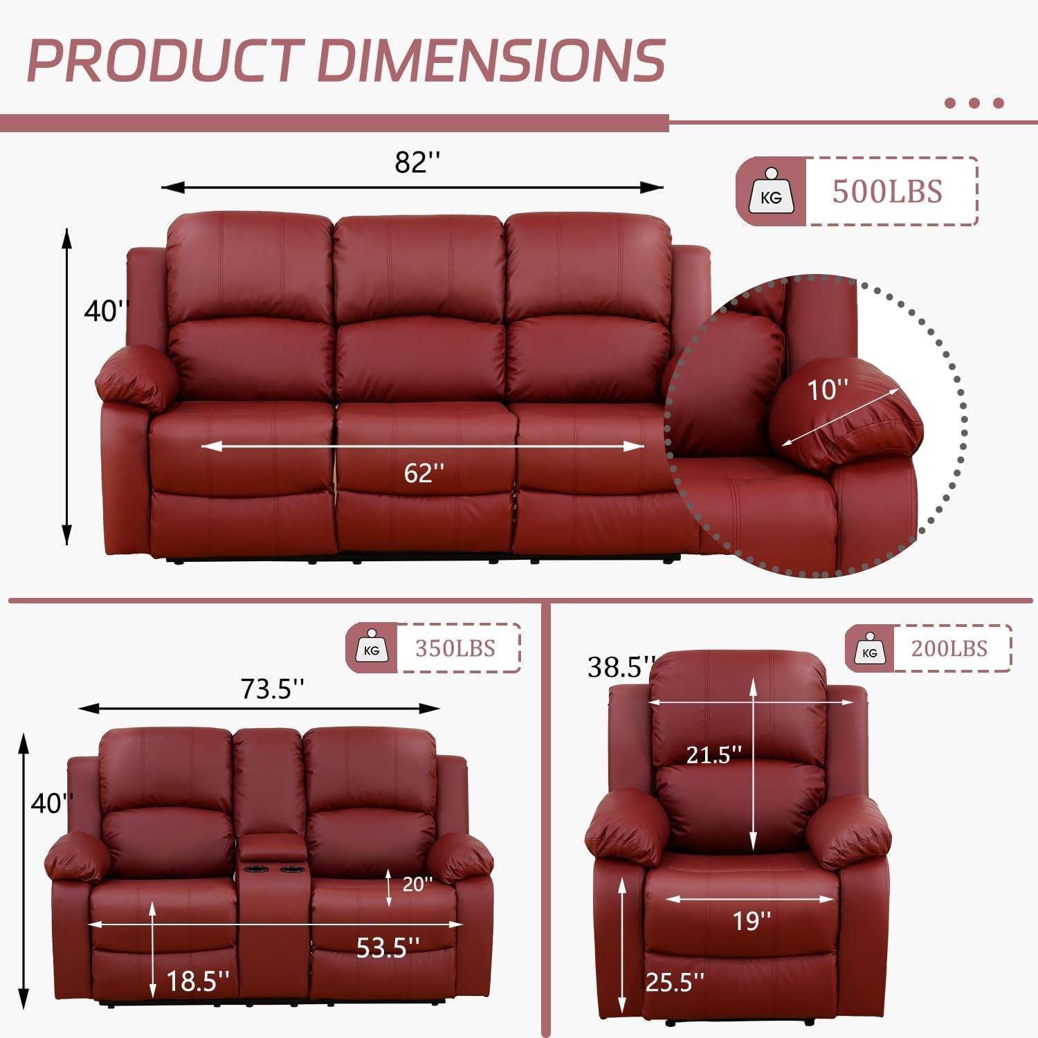 Manual Recliner Sofa Set, Bonded Leather Sofa Set, Red - Loft&Timber