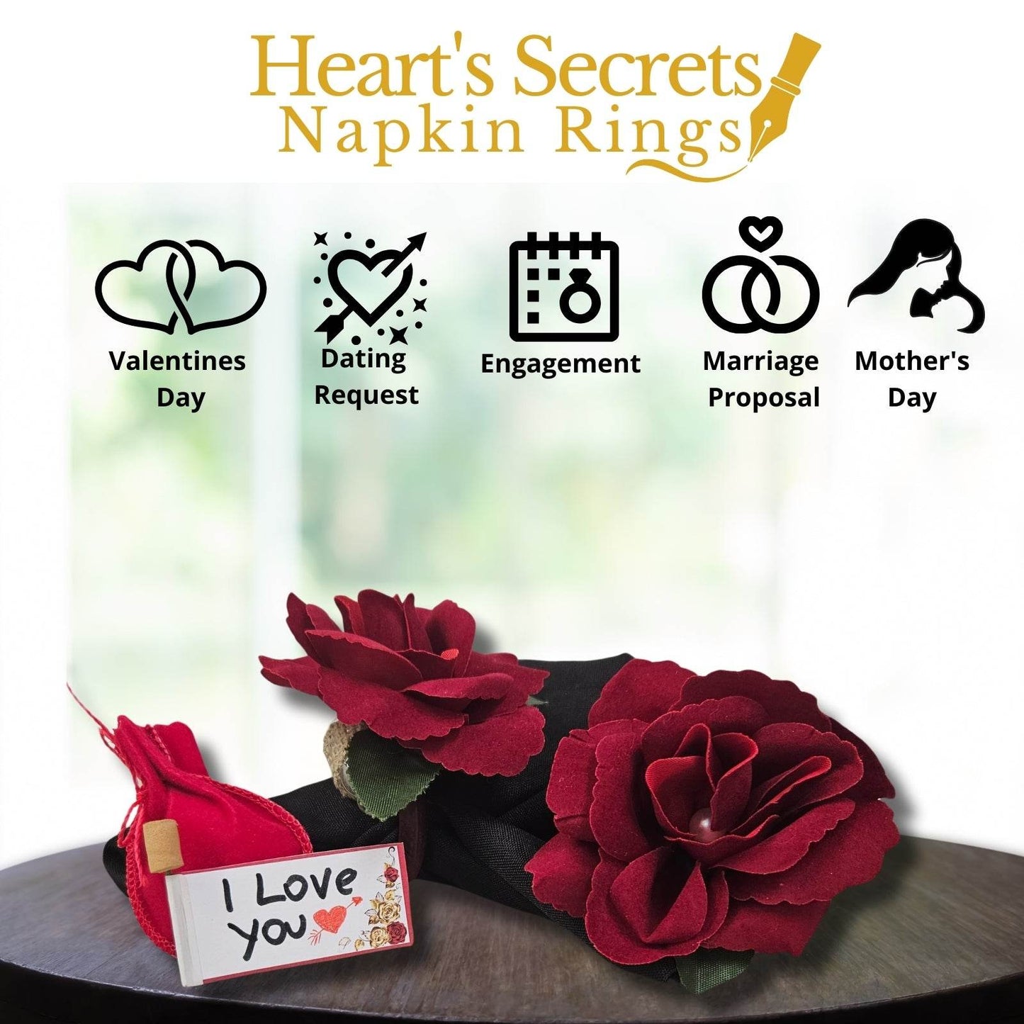 Charlo's Heart's Secrets Napkin Rings Red Colombiana Romantic Flower Rosebud - Loft&Timber