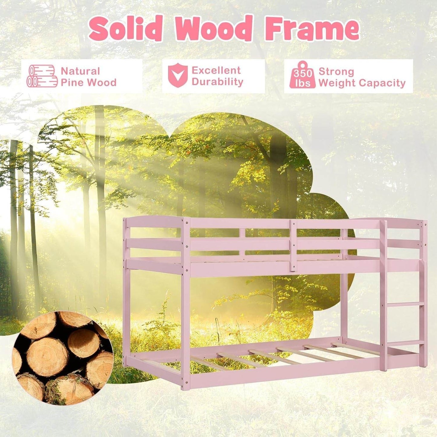 Low Bunk Bed, Solid Wood Bunk Beds Twin over Twin with Ladder, Space Saving Bunkbeds Frame W/Full Guardrails, Twin Floor Bunk Beds for Kids Boys Girls Teens, No Box Spring Needed (Pink) - Loft&Timber