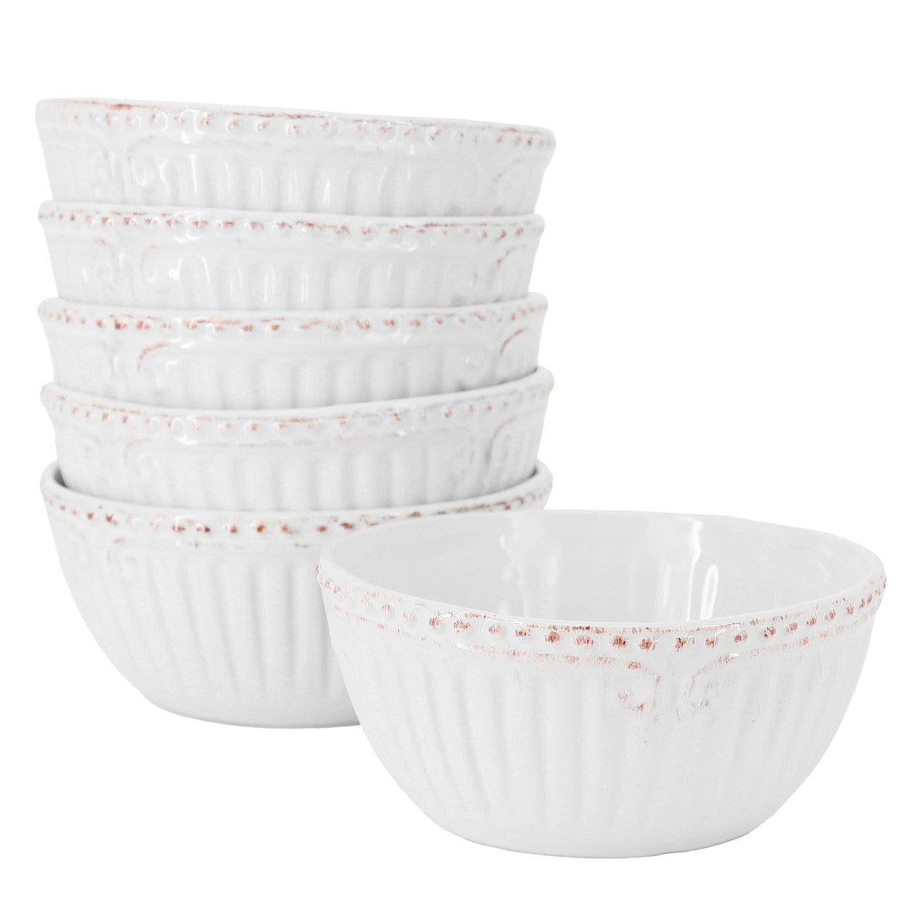 Modern Southern Home Capri 6 Piece 6 Inch Stoneware Embossed Cereal Bowl Set in White - Loft&Timber