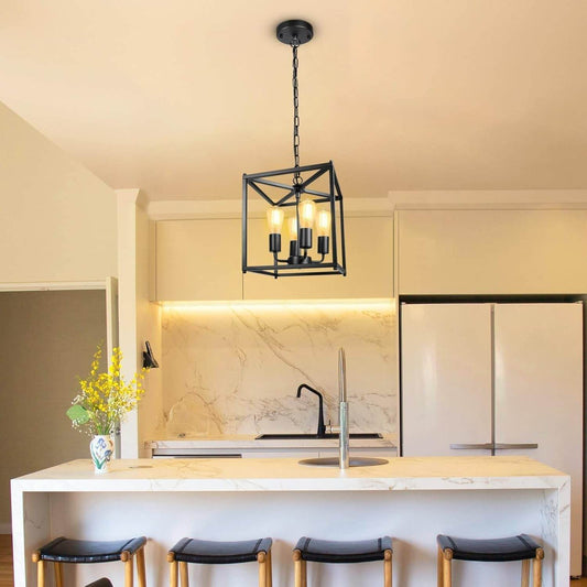 4-Light Black Farmhouse Chandelier, Iron Lantern Pendant Light Rustic Cage Adjustable Height, E26 Base Industrial Hanging Lights for Kitchen Island Dining Room Hallway Foyer Entryway - Loft&Timber