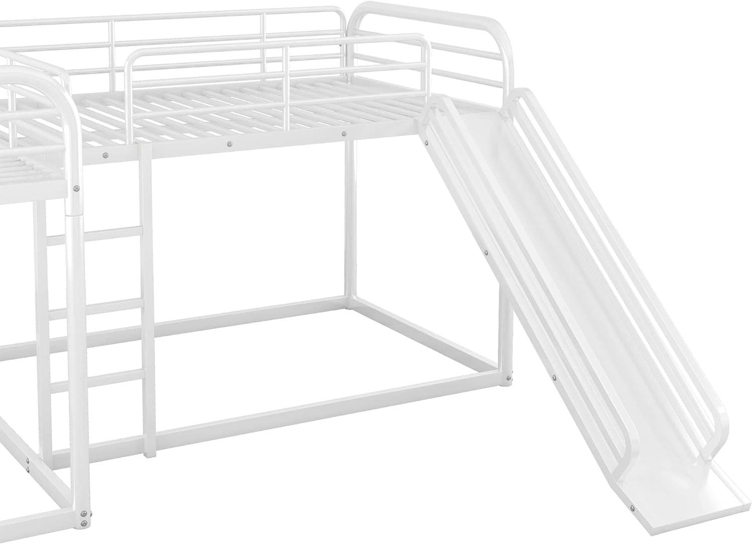 L-Shape Bunk Beds with Slide, Quad Bunk Bed for 4, Metal Twin Size Bunk Bed Attached with Full Size Bunk Bed Frame, Modern Corner Bunked for Multi-Kids Boys Girls Teens (White) - Loft&Timber