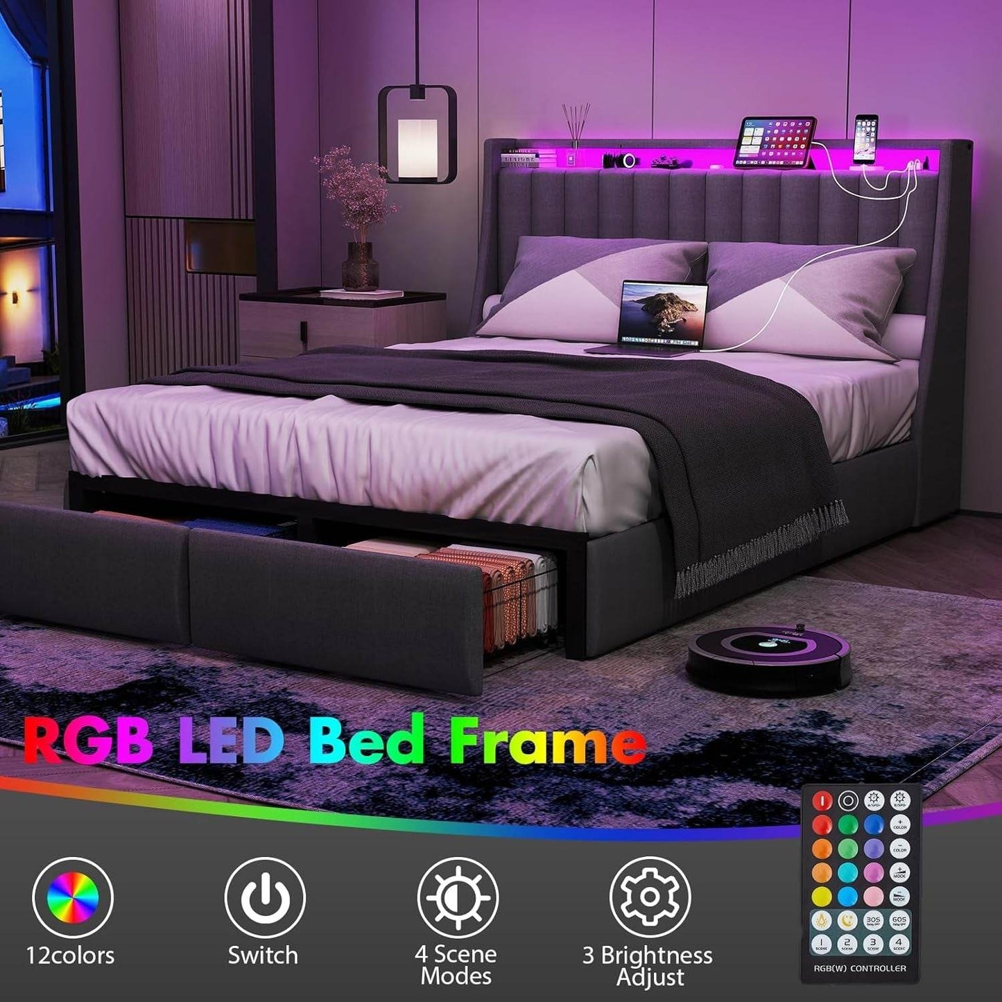 Queen Bed Frame with 2 Storage Drawers, Platform Bed Frame Queen Size with LED Light in Gray - Loft&Timber