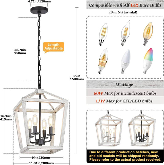 4 Light Rustic Chandelier, Farmhouse Lantern Fixture with Brushed White Oak Cage and Adjustable Chain, E12 Base Geometric Hanging Light Fixture Ceiling Lighting for Entryway Kitchen Island, Indoor Use - Loft&Timber