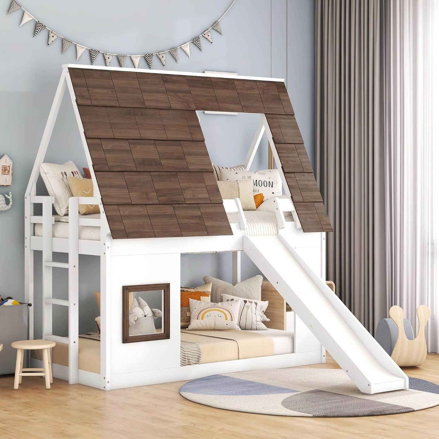 Bunk Bed Twin over Twin, Bunk Bed with Slides and Stairs, House Bunk Bed with Roof, Twin Bunk Bed for Kids, Teens, Kids Bunk Beds, White+Brown - Loft&Timber