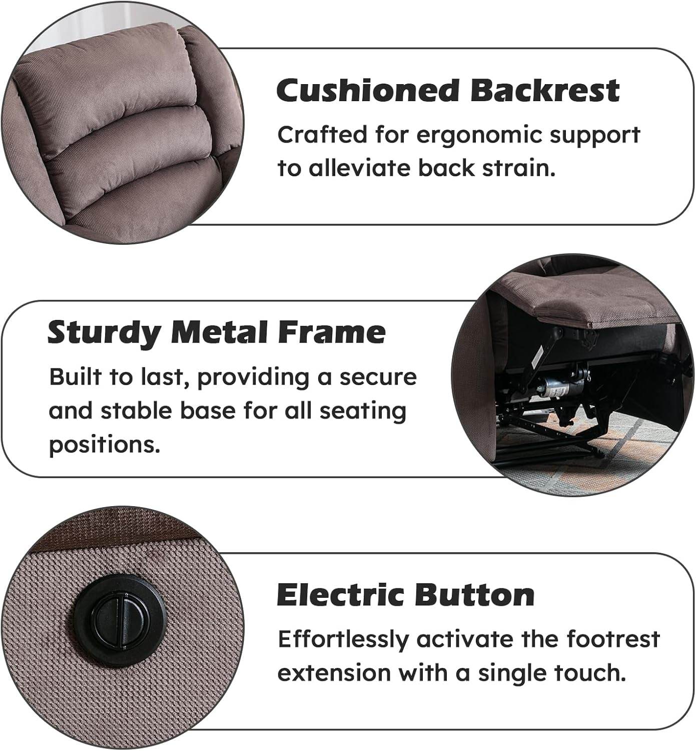 Classic Power Recliner Chair, Oversized Electric Reclining Chair with Overstuffed Cushion and Back, Soft Fabric Adults Single Recliner Sofa for Living Room, Brown - Loft&Timber