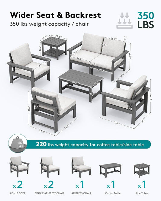 HDPE Outdoor Patio Furniture Set, 7-Piece Outdoor Sectional Patio Conversation Set, All Weather Outdoor Couch Set Patio Sofa Set for Deck, Lawn, Grey Frame with Khaki Cushion - Loft&Timber