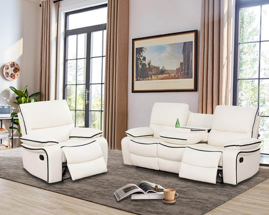 Recliner Sofa Set Bonded Leather Living Room Furniture Set in Cream White - Loft&Timber