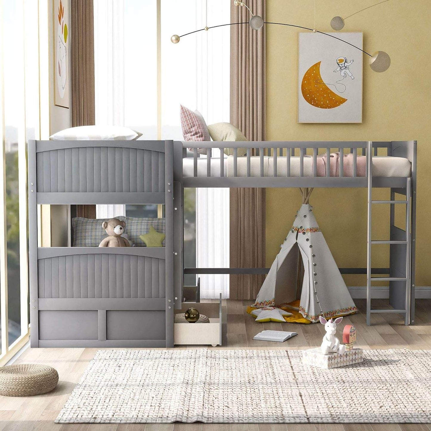 Triple Bunk Bed for Kids L Shaped Bunk Bed Solid Wood Twin over Twin over Twin Bed with 2 Drawers and 2 Ladders, No Box Spring Needed, Gray - Loft&Timber
