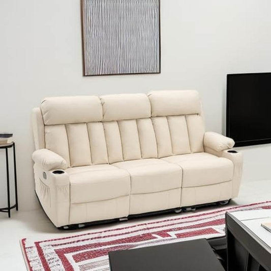 Power Reclining Sofa with Heat and Vibration,Usb Ports, Cup Holders,3-Seat Dual Recliner Sofa for Living Room 6077(Cream White, Reclining Sofa) - Loft&Timber