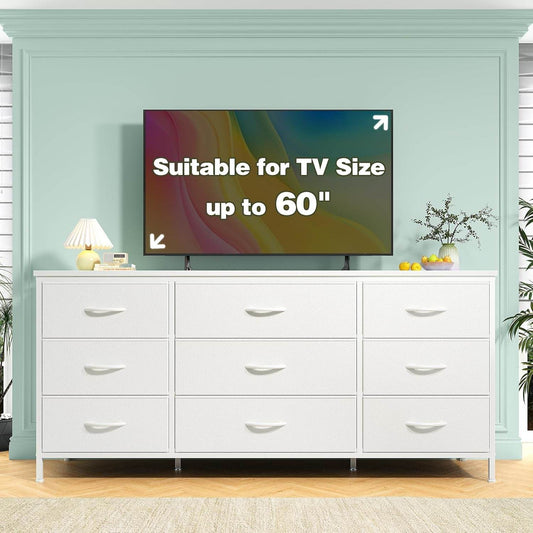 Dresser TV Stand with 9 Drawers for 60'' TV Stand for Bedroom Long Dresser for Bedroom Wide Dressers & Chests of Drawers, Sturdy Metal Frame & Wood Top, Living Room, Closet, White - Loft&Timber