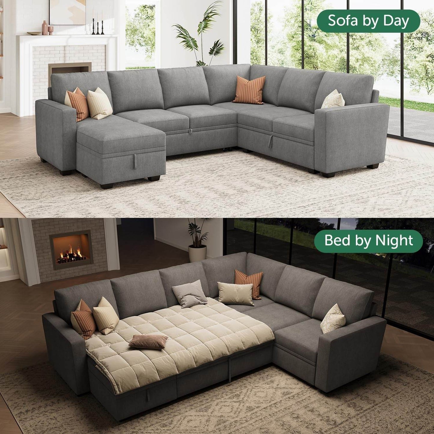Modular Sectional Sleeper Sofa U-Shaped, Warm Grey - Loft&Timber