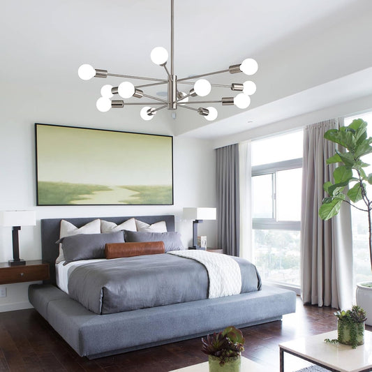 Modern Sputnik Chandeliers Light, 12 Lights Brushed Nickel Dining Room Chandelier over Table, Height Adjustable Industrial Semi Flush Mount Mid Century Chandelier for Kitchen Island Living Room-0
