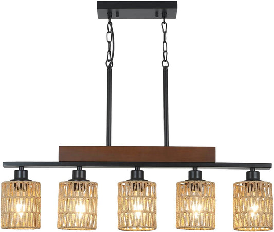 Boho Rattan Farmhouse Chandeliers, Rustic Wood and black - Loft&Timber