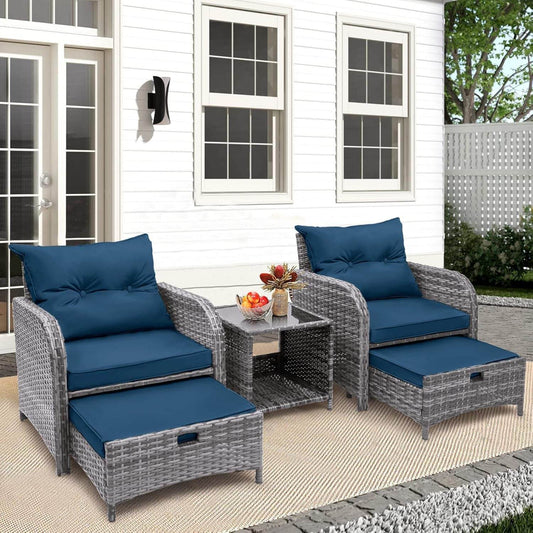 5 Pieces Wicker Outdoor Patio Chairs Set with Ottoman, All Weather PE Rattan Patio Conversation Furniture Set Outdoor Furniture Set with Hidden Ottoman for Poolside Garden Balcony, Blue - Loft&Timber