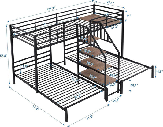 Metal Triple Bunk Bed with Stairs, 3 Beds Bunk Bed, Twin over Twin & Twin Bunk Bed with Storage Shelves Staircase, for Kids Teens Adults, Black - Loft&Timber