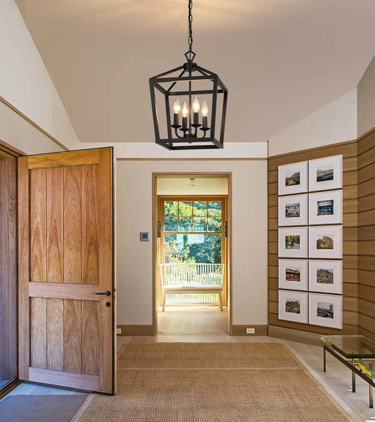 Farmhouse Rustic Black Lantern Chandelier Hanging Light Fixture 4-Lights for Kitchen Island Dining Room Hallway Entryway Foyer UL Listed - Loft&Timber