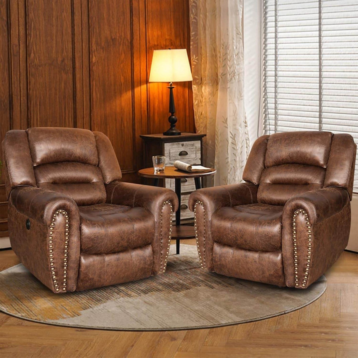 Electric Power Recliner Set of 2, Breathable Bonded Leather Reclining Chair Classic Home Theater Recliners Seating W/USB Port, Electric Recliner Chairs for Living Room (Nut Brown) - Loft&Timber
