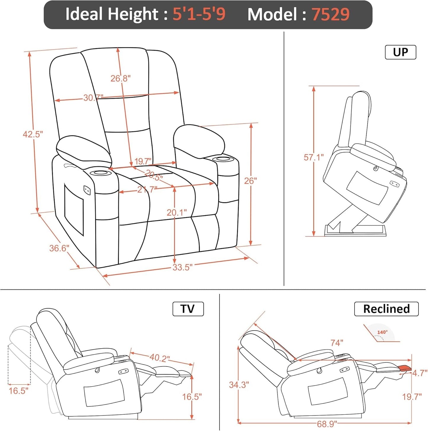 Power Lift Recliner Chair with Massage and Heat for Elderly People, Cup Holders, USB Ports, Side Pockets, Fabric 7529 (Medium, Grey)-2