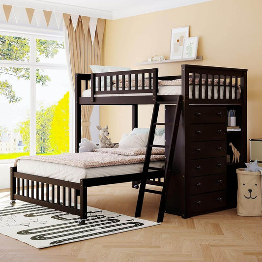 Twin over Full Bunk Bed with Storage, Solid Wood Bunk Bed with 6 Drawers and 3 Flexible Shelves, Twin Loft Bed with Movable Lower Bed, Bottom Bed with Wheels, for Kids Teens Adults (Espresso) - Loft&Timber