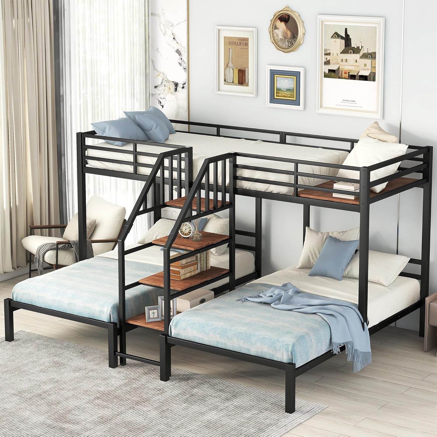 Metal Triple Bunk Bed with Stairs, 3 Beds Bunk Bed, Twin over Twin & Twin Bunk Bed with Storage Shelves Staircase, for Kids Teens Adults, Black - Loft&Timber