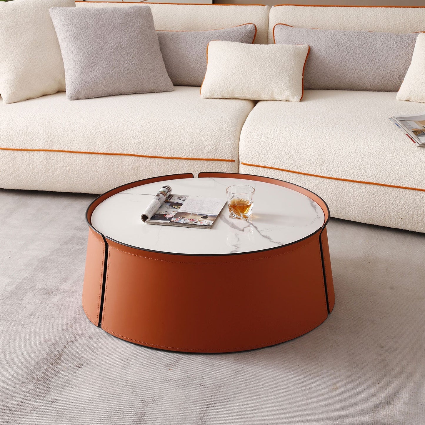 31.5" Coffee Table, Marble Top and Orange Saddle Leather Body - Loft&Timber