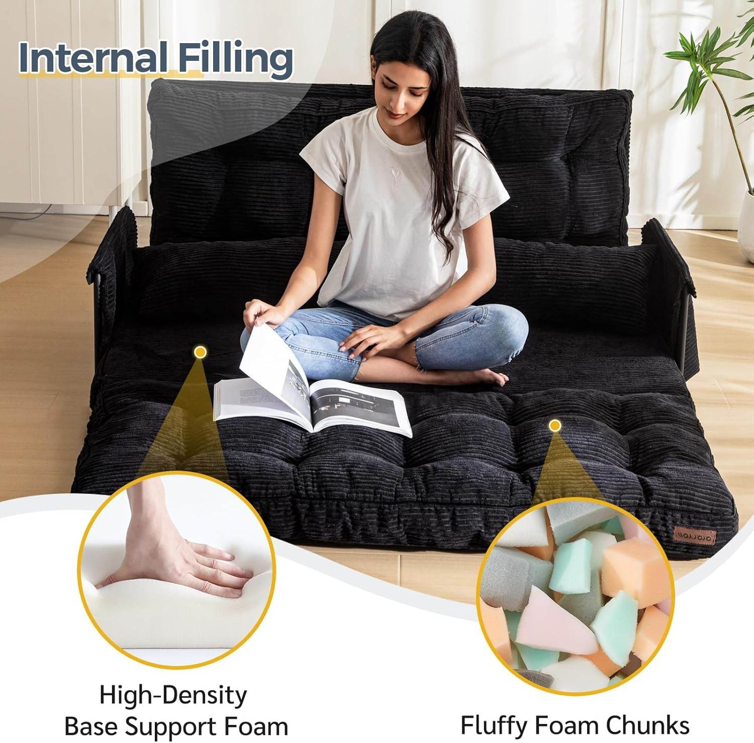 Adjustable Floor Sofa Couch with 2 Pillows, Multi-Functional Bean Bag Bed, 5-Position Foldable Lazy Sofa Sleeper Bed with Armrest, Versatile Floor Seating Sofa for Reading, Black, Double - Loft&Timber