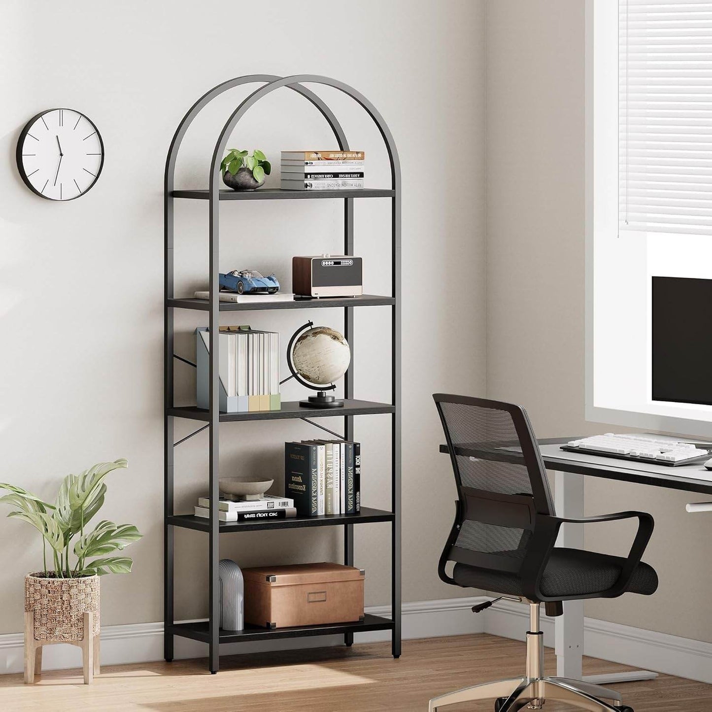 Tall Black Arched Bookcase with 5 Open Shelves - Loft&Timber
