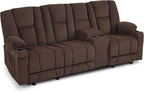 Power Reclining Sofa with Heat and Vibration,Usb Ports, Cup Holders,3-Seat Dual Recliner Sofa with Console for Living Room 6035 (Brown)-0