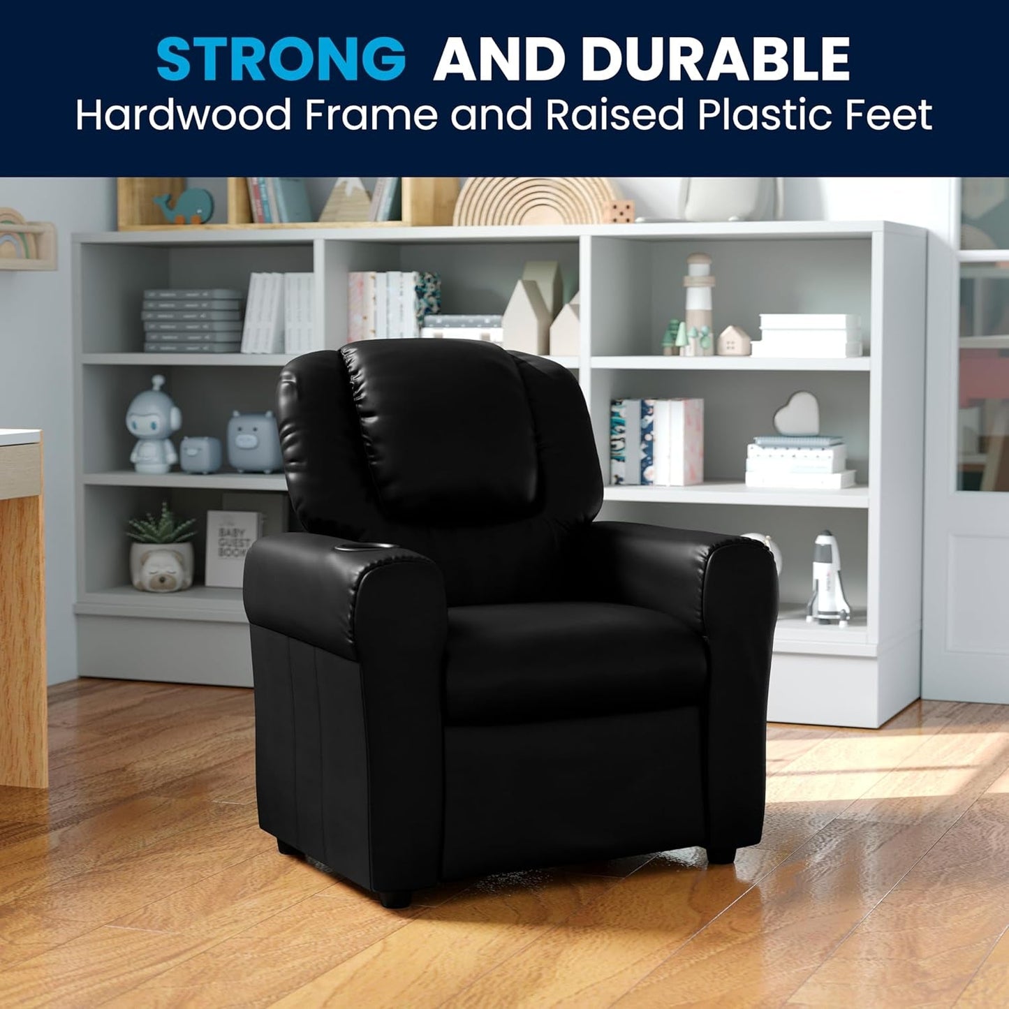 Vana Leathersoft Kids Recliner with Cup Holder, Headrest, and Safety Recline, Contemporary Reclining Chair for Kids, Supports up to 90 Lbs., Black-3