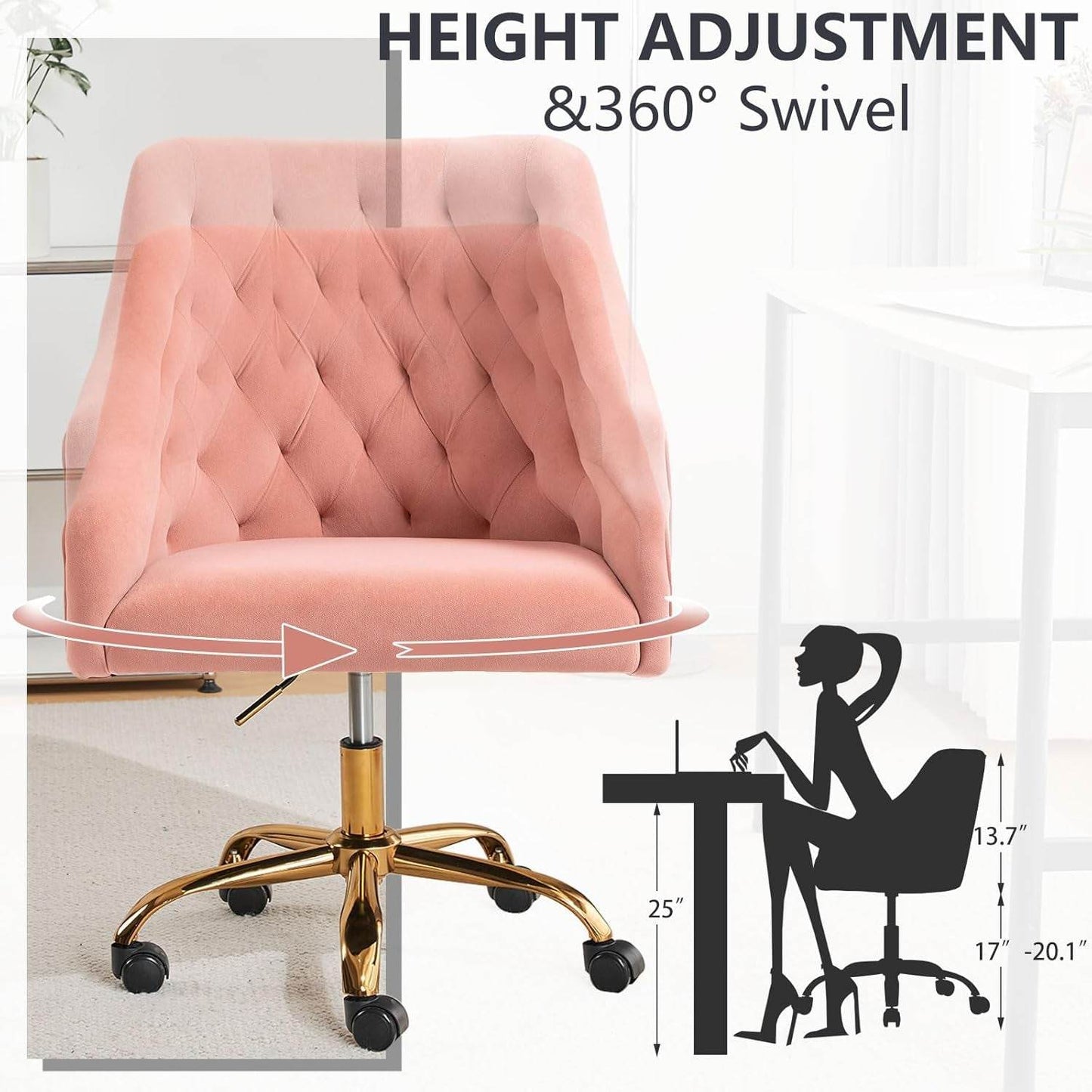 Velvet Office Swivel Chair, Vanity Chair, Fabric Desk Chair, Pretty Fancy Chair, Gold Office Chair for Girls, 360°Swivel Height Adjustable Reception Chair (Pink) - Loft&Timber