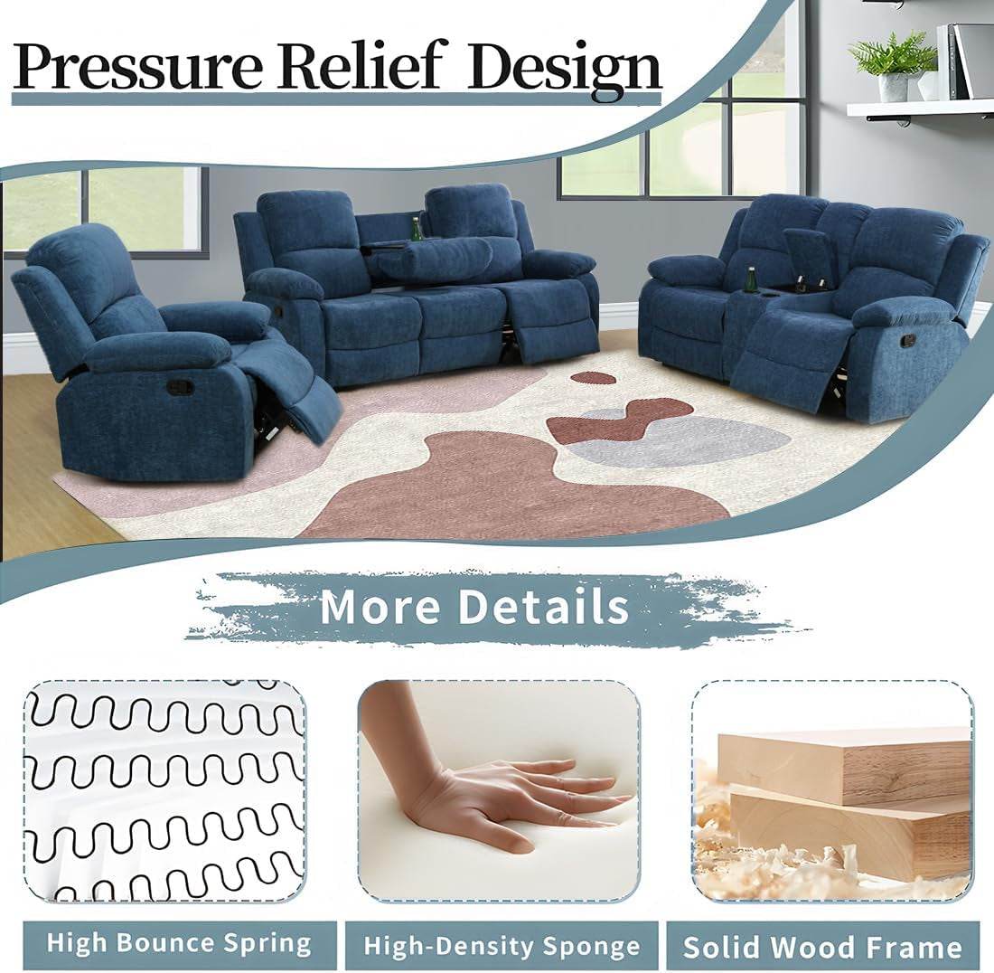 3 Seater Recliner Sofa Couch Modern Manual Reclining Sofa Fabric Reclining Sofa Living Room Couch with Dual Cup Holders and Drop down Table for Living Room/Office/Rv Car (Blue, 3 Seater Sofa) - Loft&Timber