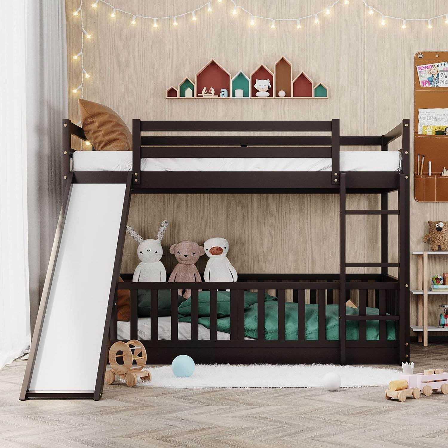 Twin over Twin Floor Bunk Bed with Slide and Ladder, Low Bunk Bed for Kids, Girls, Boys, Removable Fence, Bunk Bed with Slide, Espresso - Loft&Timber