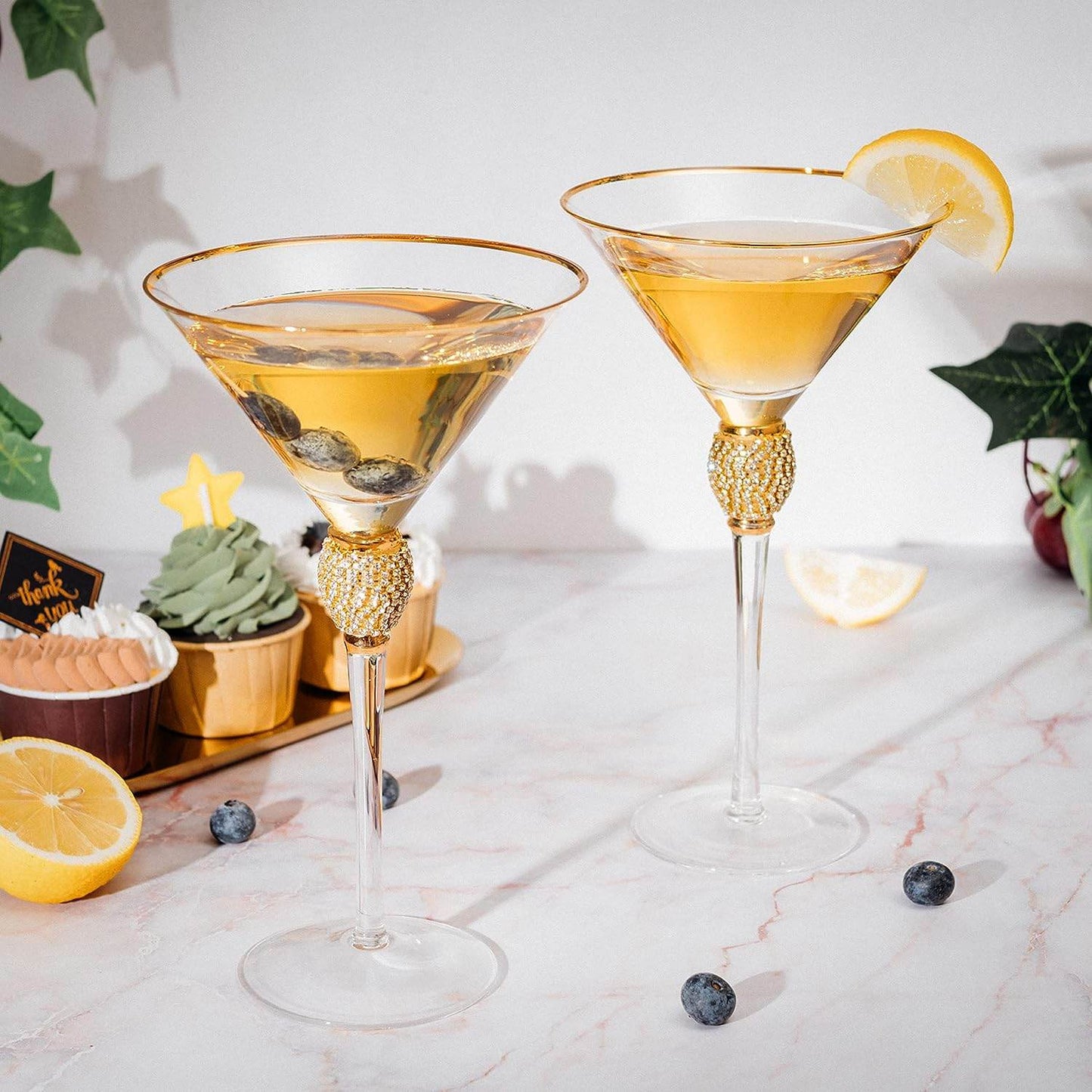 Diamond Collection 2 Piece Stemmed Martini Set - Rhinestone For Drinking Martinis, Manhattans, Vodka, Gin, Cocktails Gold Accent Cocktail Glasses, Perfect For Any Bar or Party 10oz - Swarovski Style - Loft&Timber