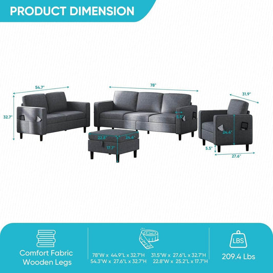 6 Seaters Sectional Upholstered Sofa, Linen Fabric Sofa Couch with Side Pockets, Free Combination Sofa Set with Movable Storage Ottoman, for Living Room-Sofa&Loveseat&Chair&Ottoman,Dark Grey - Loft&Timber