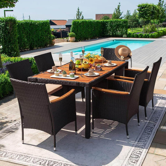 Dining 7 PCS Furniture, Patio Conversation Set with Acacia Wood Table Top, Rattan Outdoor, Black - Loft&Timber