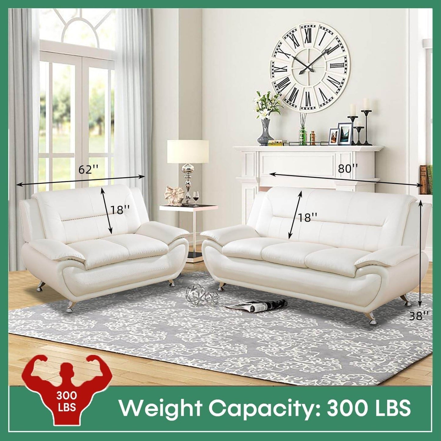 Leather Sofa Set,Leather Sofa Set for Living Room Furniture Sets, Loveseat Sofa with Chair 3-Piece for Living Room/Office/Apartment(White) - Loft&Timber