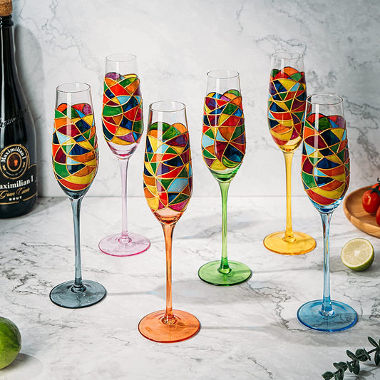 Stained Glass Champagne Flutes Set of 6 Hand Painted - Wine Savant - Hand Blown 7 Ounce Colorful Renaissance Champagne Glasses - 10.2" Tall, 2.7" Diameter Rainbow Multicolor Design Glassware - Loft&Timber