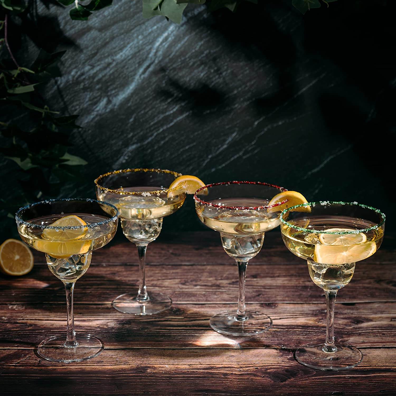 Margarita Cocktail Glasses, Party Colored Rims Cocktail Glasses 12oz Set of 4 by The Wine Savant - Fiesta Party Decoration Glasses, Mexican Glasses, Fun Box Adios Bitchachos, Thick Stem, Heavy Duty - Loft&Timber